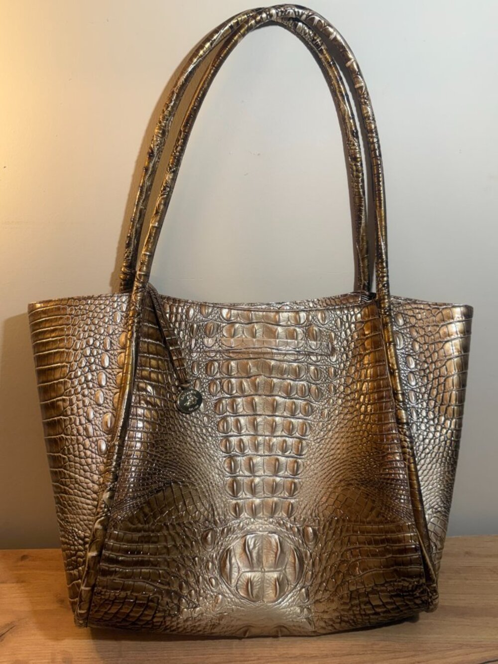 Brahmin Metallic Champagne Gold Melbourne Croc Embossed Leather Tote Bag